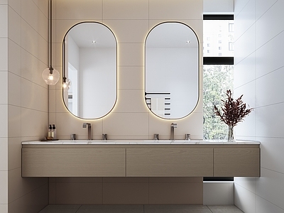 奶油风公共卫生间 现代卫生间 现代洗手池 卫生间洗手台 卫生间镜 洗手池台面