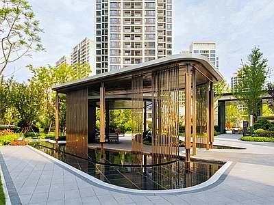 现代新中式廊架 现代镜面水景廊架 新中式钢结构廊架 施工图