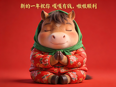 新中式虚拟人物 东北大花萌马 祈福小马公仔 国潮土味福马 花棉袄小马宝 马年许愿福兽