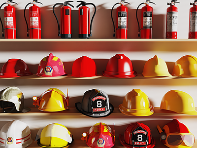 现代简约安全设施 消防帽 安全帽 灭火器