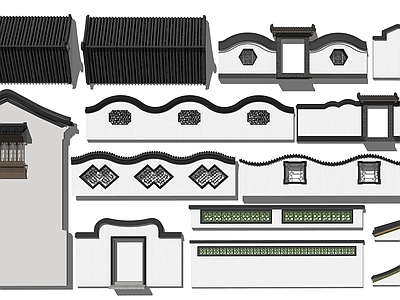 中式新中式景墙 马头墙 乡村景墙 瓦片造型文化墙 窗花围墙组合