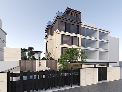 新中式别墅外观 现代别墅建筑外观 庭院地面停车场 车库移门 现在别墅大门