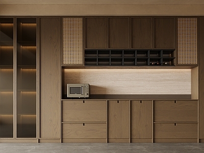 复古侘寂餐边柜 新中式复古高柜 餐边一体柜 藤编酒柜到顶柜 吊柜餐边柜 备餐柜