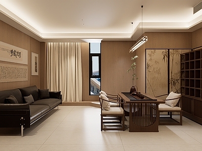 现代简约经理办公室 老板办公室 会客区 中式茶桌 老板桌