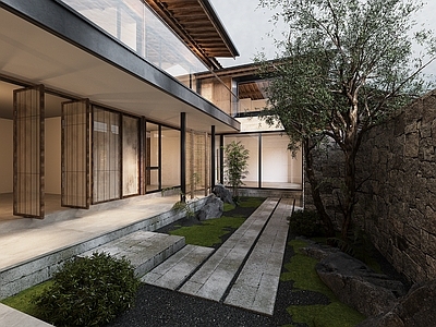 新中式住宅景观 老宅改造 自建房庭院 花园景观 落地窗移门 青石板汀步