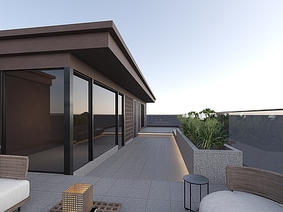 现代极简阳台 屋顶露台 休闲休息区 露台花池 户外沙发茶几家具 玻璃阳光房