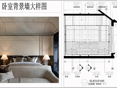 背景墙节点 中古风墙面 卧室墙面 床头背景墙 墙纸饰面 墙面节点 施工图