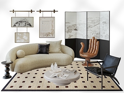 法式奶油沙发组合 包豪斯侘寂多巴胺 现代简约法式中古 弧形沙发茶几组合 单人沙发去客厅化 装饰摆件屏风画