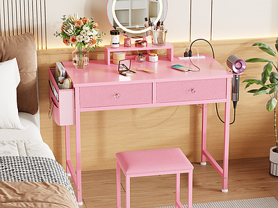奶油风妆台妆凳 梳妆台 卧室场景 卧室梳妆台