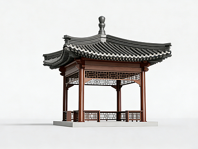 中式古建筑 中式仿古六角凉亭 木结构灰瓦顶 庭院景观 小品