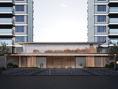新中式极简小区建筑 新中式豪宅大门 酒店式会所入口 坡屋顶 简约现代 木构建筑