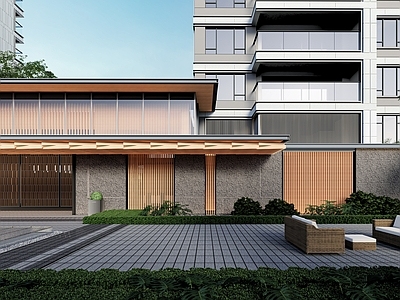 新中式简约小区建筑 新中式小区大门 酒店式归家大门 木构建筑 沿街商业