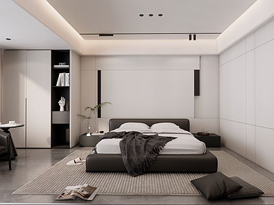 现代意式家居卧室 卧室套间 黑白 床尾隔断 床尾衣帽间