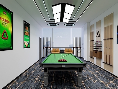 现代简约台球室 台球室 台球室包房 台球杆 台球灯 台球