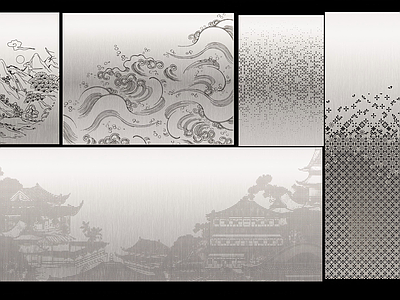 现代其他景观小品 金属冲孔板 山水 渐变 古建