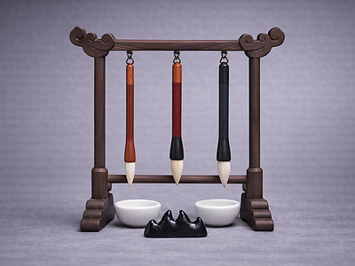 新中式文具 笔架 雕塑 AI渲染 毛笔 文房摆件