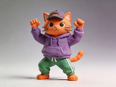 黏土卡通风格虚拟人物 街舞 小猫 雕塑 AI渲染