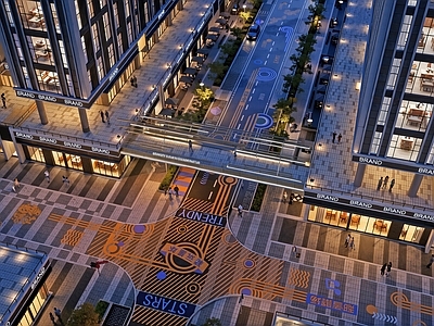 现代商业景观商业综合体景观 文创商业街 市政道路划线 现代道路