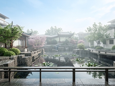 新中式别墅庭院 中式庭院示范区 中式庭院水景 中式亭廊