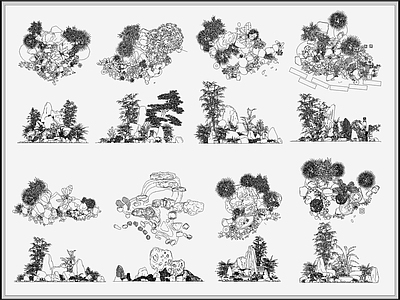 中式禅意综合景观图库 庭院假山水池 植物景观枯山水 水景植物江南园林 庭院景观小品造景 乔木灌木置石造景 施工图