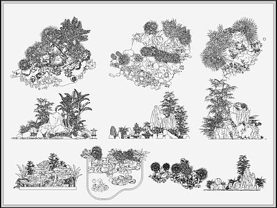 景观节点 假山水景瀑布跌水 植物景观江南园林 庭院景观小品造景 乔木灌木置石造景 禅意庭院枯山水 施工图