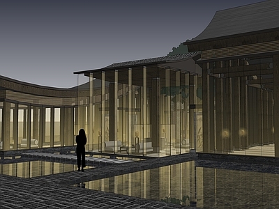 新中式售楼处建筑 新中式古建会所 落地玻璃窗 斜屋顶 镜面水景 展览馆