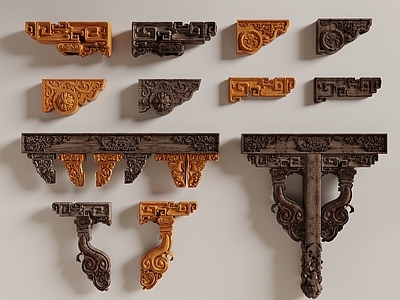 新中式梁柱节点 粱托 雀替 木梁 雕花横梁 古建构件