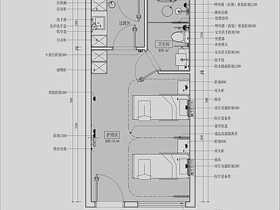 现代医院 双人感染病房平面 施工图