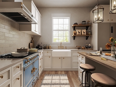 中古风封闭式厨房 集成灶 开放式厨房 原木风