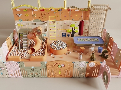 奶油风儿童器材 儿童娱乐区 儿童围挡 海洋球池 滑梯 攀岩墙