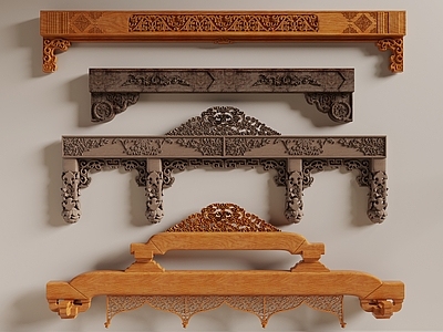 新中式梁柱节点 木梁 雕花横梁 粱托 古建构件 梁柱结构