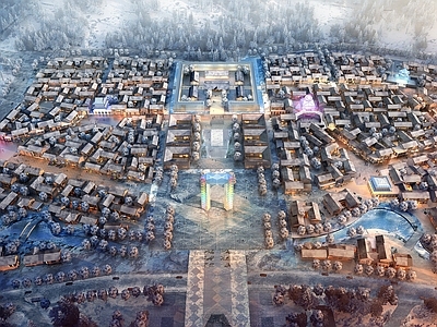 新中式鸟瞰规划 冰雪小镇 古建筑规划 古建