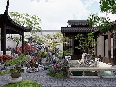 新中式景观别墅庭院 中式庭院 新中式庭院 太湖石水景