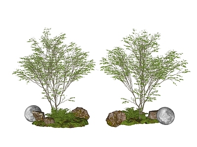 新中式景观庭院小品 盆栽花草丛  花草花卉组合  灌木  景观绿植  花卉植物