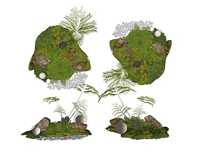新中式景观庭院小品 盆栽花草丛  花草花卉组合  灌木  景观绿植  花卉植物
