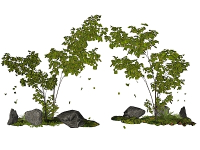 新中式景观庭院小品 盆栽花草丛  花草花卉组合  灌木  景观绿植  花卉植物