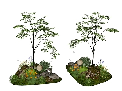 新中式景观庭院小品 盆栽花草丛  花草花卉组合  灌木  景观绿植  花卉植物