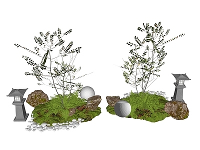 日式枯山水庭院小品 盆栽花草丛  花草花卉组合  灌木  景观绿植  庭院小品