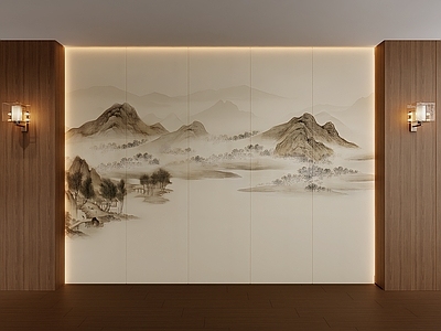 新中式玄关 新中式背景墙壁布 宋氏壁布 背景墙硬包 办公室壁画 山水画