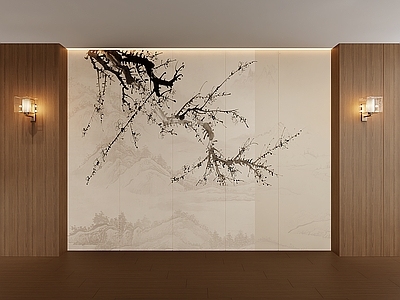新中式玄关 水墨画壁布 国画壁布 沙发背景喷绘印花 禅意梅花壁布