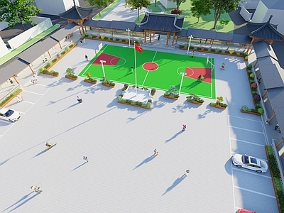 新中式广场景观 古建连廊 乡村广场 花箱 新农村