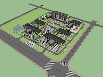 新中式办公园区景观 新中式政府建筑 办公园区景观 中轴景观 水系 龙柱