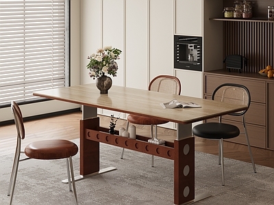 奶油风餐桌椅 中古风餐桌 岩板洞石餐桌 中古风餐厅 餐桌椅组合 包豪斯餐桌