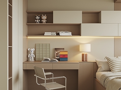 奶油风榻榻米卧室 榻榻米卧室 书桌一体柜