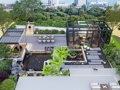 新中式景观屋顶花园 庭院