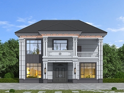 新中式别墅外观 自建房别墅 二层中式别墅