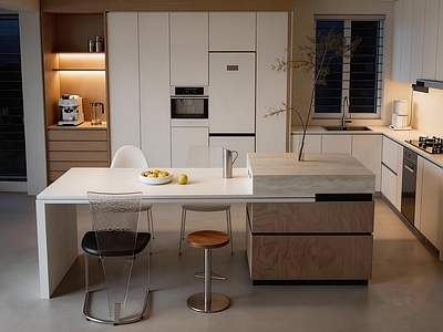 现代简约开放式厨房 开放式厨房 水吧台餐桌 餐柜 吧台吧椅