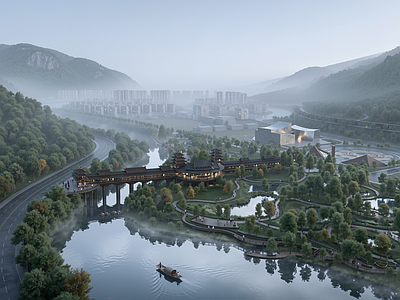 新中式风格建筑 廊桥公园 廊桥 滨水公园 湿地公园 廊桥湿地