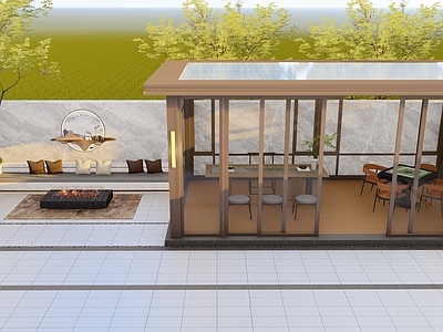 新中式别墅庭院 阳光房 景观 庭院