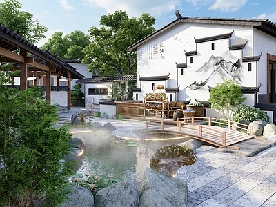 新中式庭院 庭院 徽派 廊架 古风 水池